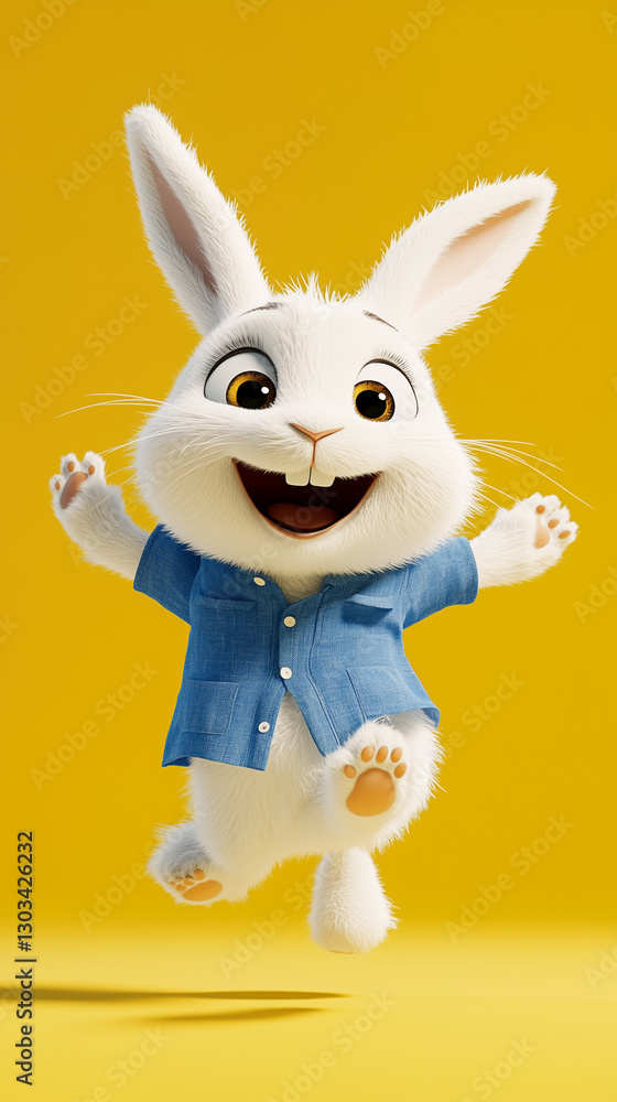 Adorable Cartoon Rabbit in Blue Shirt Jumping With Joy on Yellow Background