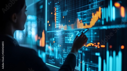 A businessperson sees their investments growing.  They're tracking profits and income using a holographic chart, showing positive growth.  This represents financial success.
