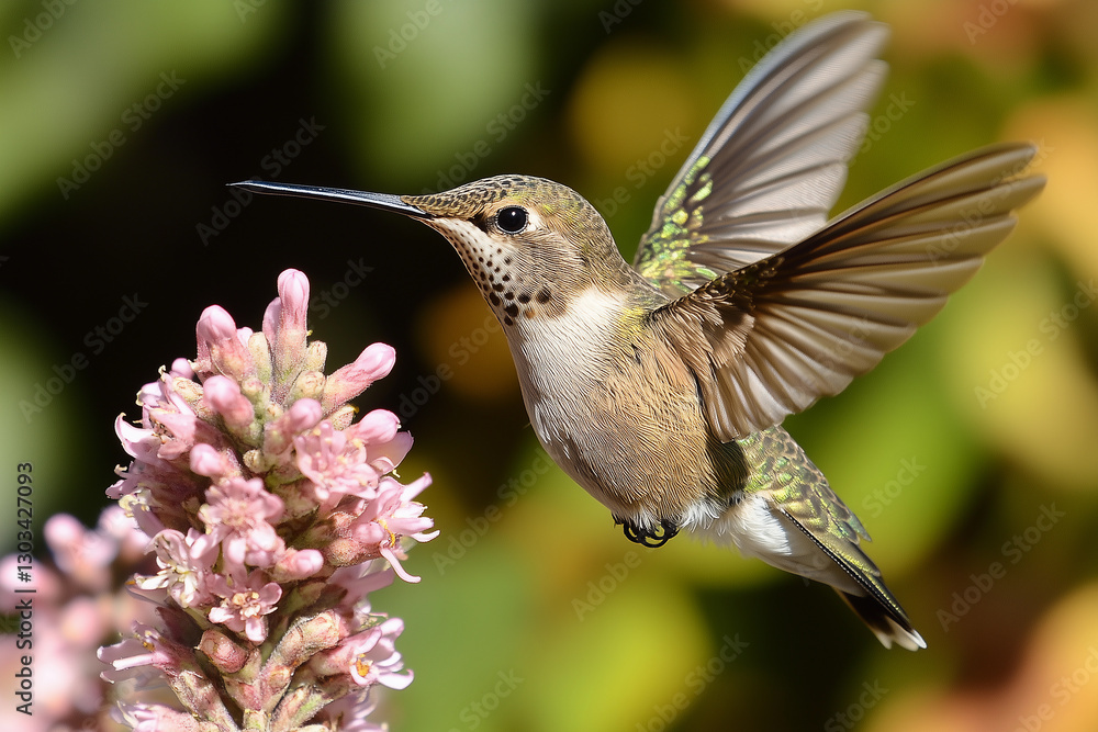 Naklejka premium a hummingbird flying over a pink flower with a blue sky background and sun shining through the wings of the flower