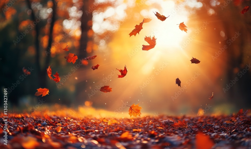 Autumn background with colorful leaves falling to the ground in a forest at sunset. Autumn nature background with autumn foliage and sun rays filtering through the trees Autumn background with colorful leaves falling to the ground in a forest at sunset. Autumn nature background with autumn foliage and sun rays filtering through the trees
