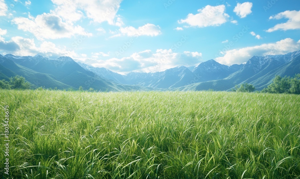 Beautiful green grass meadow with a blue sky and mountains in the background Beautiful green grass meadow with a blue sky and mountains in the background