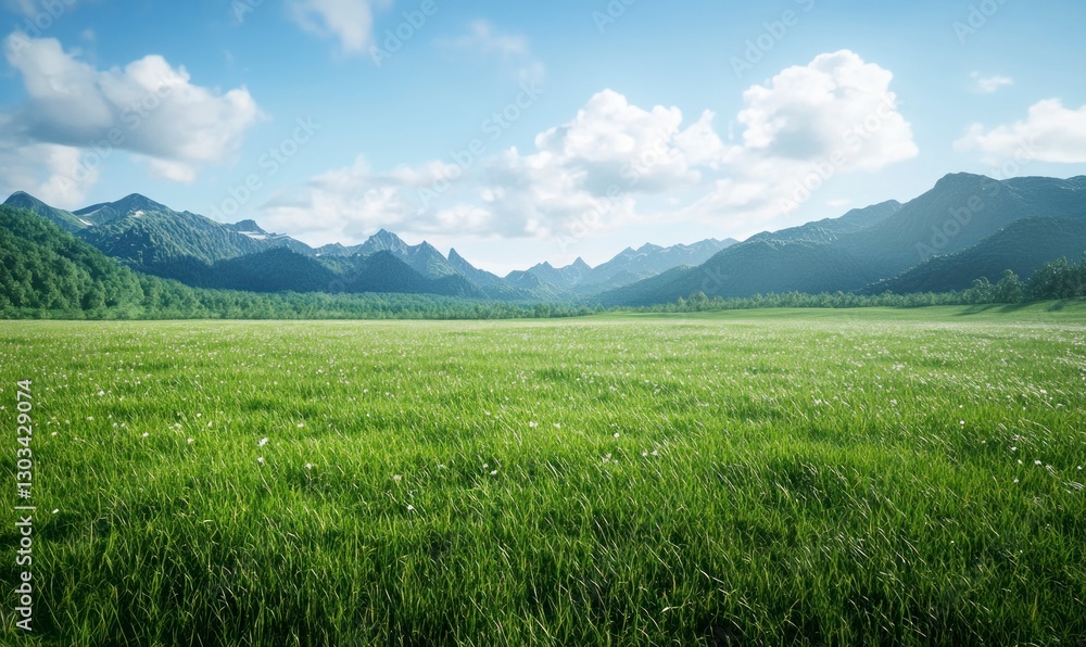 Fototapeta premium Beautiful green grass meadow with a blue sky and mountains in the background