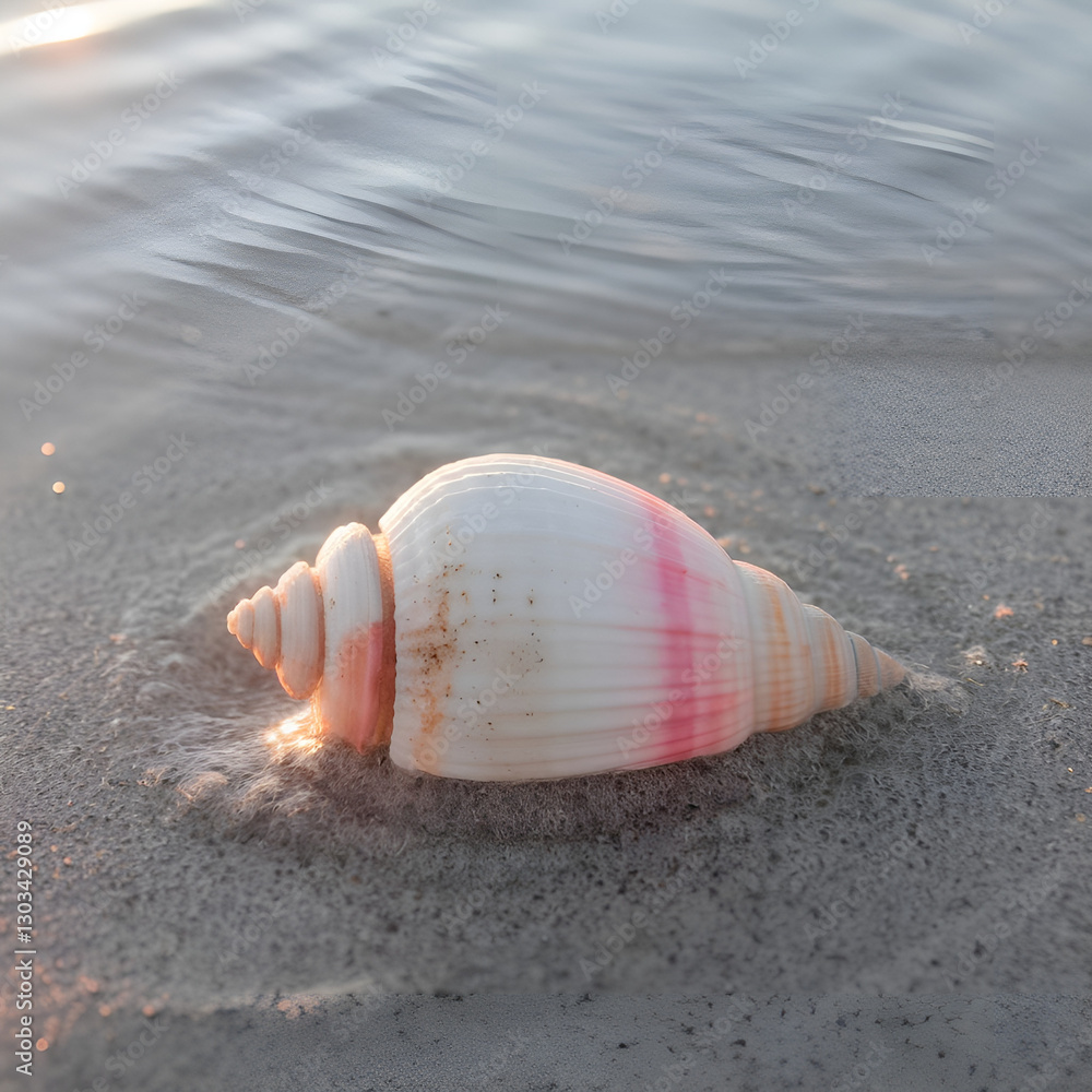 The image captures the serene beauty of a seashell peacefully lying on a sandy beach at sunrise, illuminated by soft light and gentle ripples. The image captures the serene beauty of a seashell peacefully lying on a sandy beach at sunrise, illuminated by soft light and gentle ripples.
