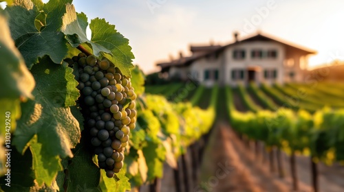 Picturesque vineyard with green grapes in front of a historic stone villa at sunset in Italy photo