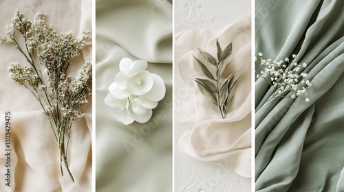 A soft, elegant design featuring shades of sage, olive, beige, and white.  The colors blend smoothly, like a silk fabric with gentle folds.  It's a subtly textured, luxurious look.
