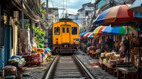 A train slowly moves through Bangkok's Maeklong Railway Market in November 2024.  Vendors sell goods from umbrellas along the tracks.

