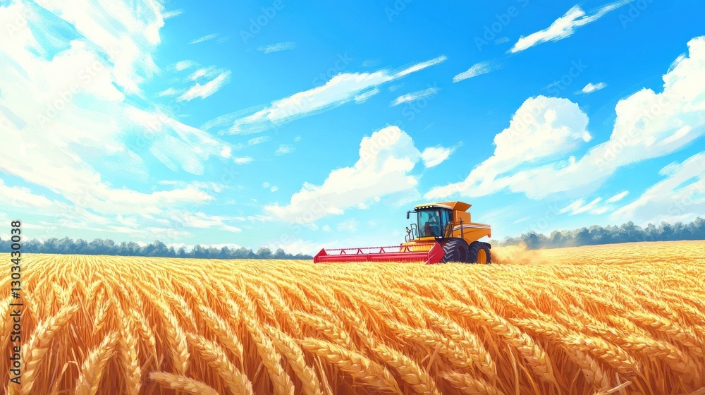 Obraz premium Harvest view of combine harvester cutting summer wheat field crop and blue sky on farm