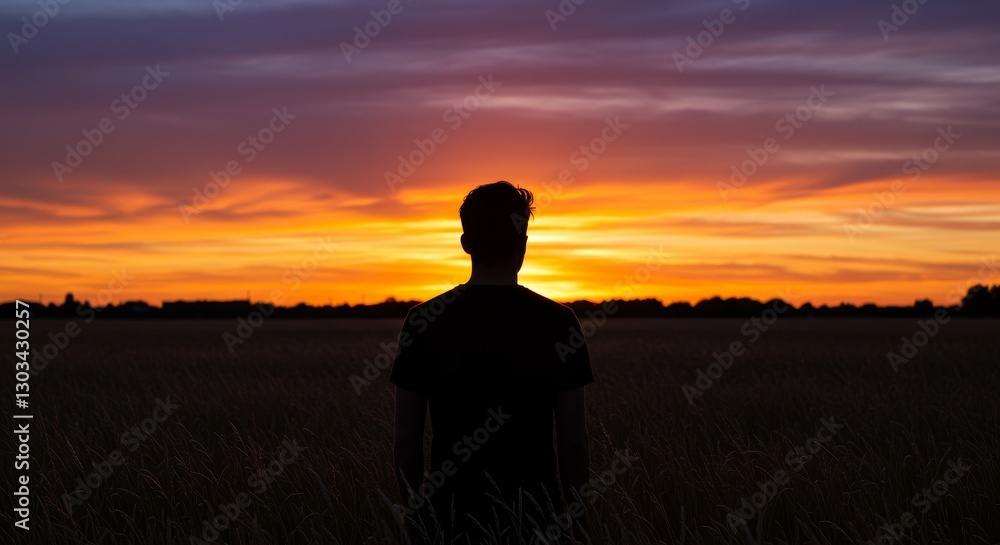 Man Silhouetted Against Sunset Field - A man stands in a field, silhouetted against a vibrant sunset. The symbolizes contemplation, peace, hope, transition, and solitude Man Silhouetted Against Sunset Field - A man stands in a field, silhouetted against a vibrant sunset. The symbolizes contemplation, peace, hope, transition, and solitude