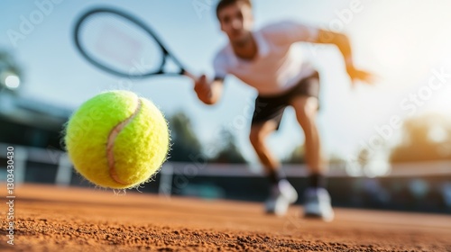 A young man in a white shirt and black shorts serves a tennis ball on a clay court.  He's focused on his game.  It shows a healthy, active lifestyle.
