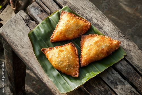  top view of 3 crispy samosas on a banana leaf on an old wooden table outside on a sunny day