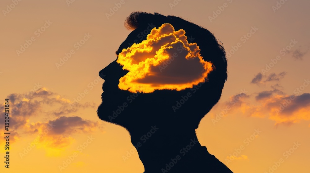 Silhouette of a Man with Cloud Imagery and Sunset Background Silhouette of a Man with Cloud Imagery and Sunset Background