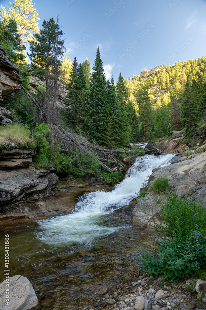 West Creek Cascades Down Rocky Drop On Blue Sky Day In Rocky Mountain West Creek Cascades Down Rocky Drop On Blue Sky Day In Rocky Mountain