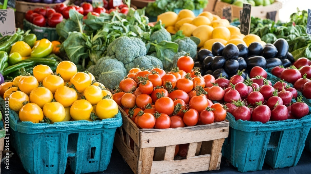 Fresh, colorful fruits and vegetables are sold at the local farmers market. Everything is locally grown and organic.
Fresh, colorful fruits and vegetables are sold at the local farmers market. Everything is locally grown and organic.