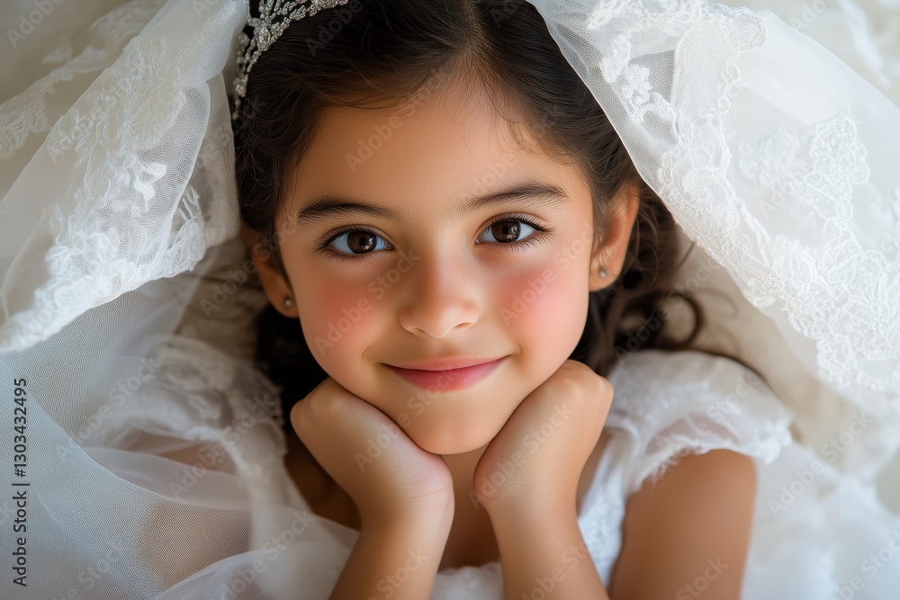 Adorable Little Girl in White Dress and Veil, Innocence and Purity, Childhood Dreams