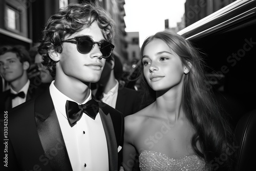 Elegant Young Couple in Formal Wear at a Special Event. Black and White Photography, Classy Style, Romantic Atmosphere