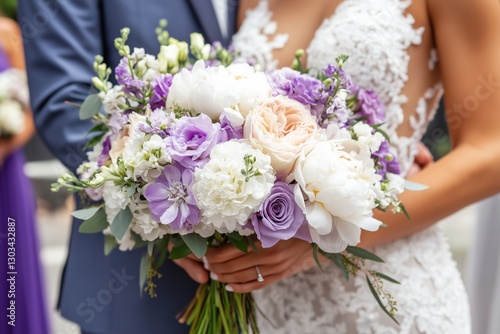 Elegant Lavender and White Wedding Bouquet: Bridal Flowers, Peonies, Roses photo