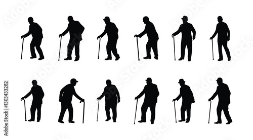 Elderly Man Silhouettes with Walking Cane - Vector Set
