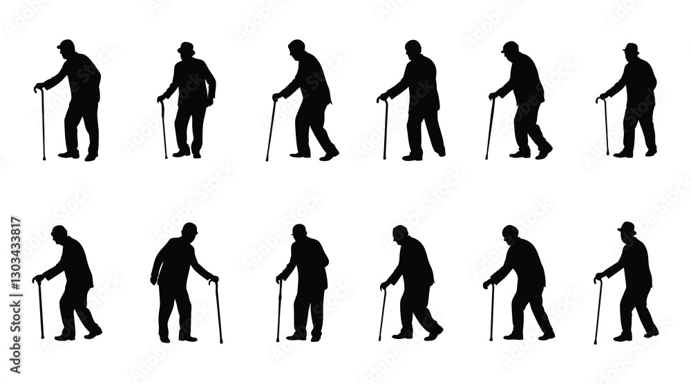 Fototapeta premium Elderly Man Silhouettes with Walking Cane - Vector Set