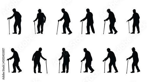 Elderly Man Silhouettes with Walking Cane - Vector Set