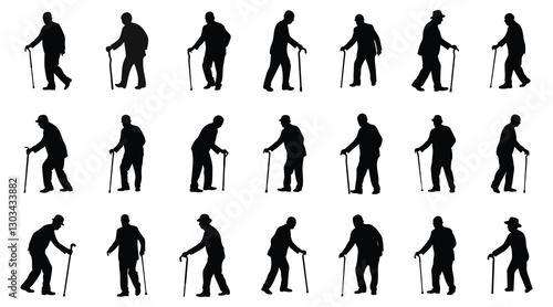 Elderly Man Silhouettes with Walking Cane - Vector Set