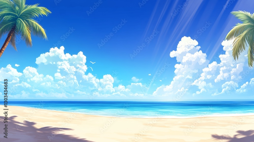 Fototapeta premium Serene tropical beach scene with palm trees, clear blue skies, and gentle waves in the background