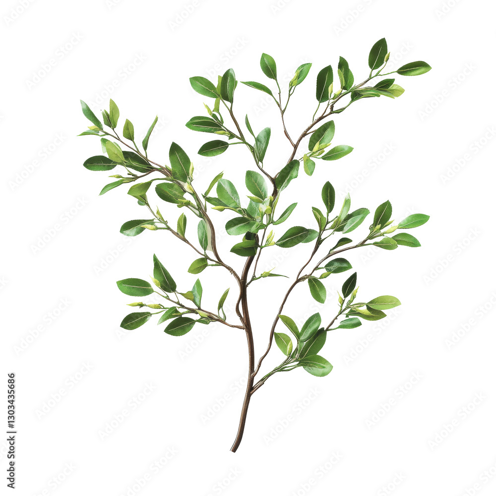 Olive branch with lush green leaves, close up. Fresh plant isolated on white background. Concept of peace and nature