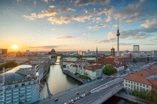 Berlin skyline at sunset with view of Spree River and Berlin Television Tower