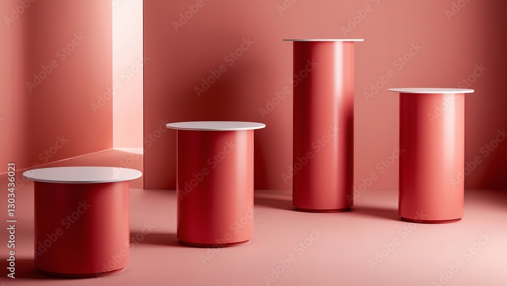 Modern Red Pedestals in Minimalist Exhibition Setup Modern Red Pedestals in Minimalist Exhibition Setup