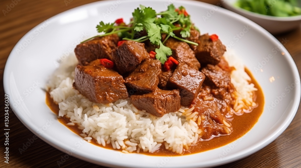 White rice with beef chunks on a white plate White rice with beef chunks on a white plate