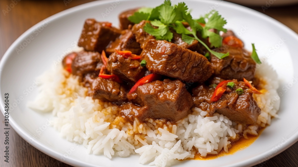 White rice with beef chunks on a white plate White rice with beef chunks on a white plate