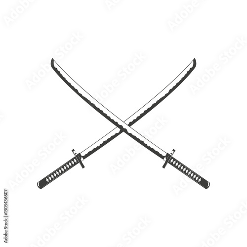 katana sword. Samurai and ninja weapon in retro style. Crossed samurai swords collection. Ninja shurikens.