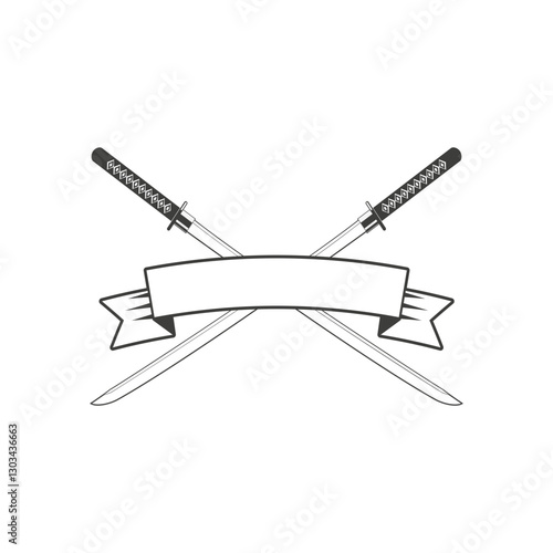 katana sword. Samurai and ninja weapon in retro style. Crossed samurai swords collection. Ninja shurikens.