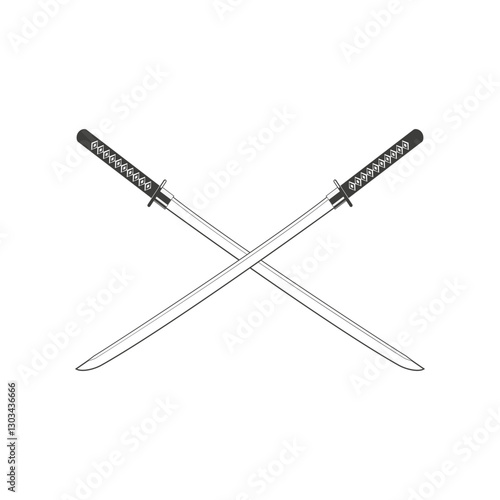 katana sword. Samurai and ninja weapon in retro style. Crossed samurai swords collection. Ninja shurikens.