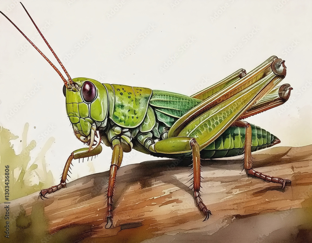 Fototapeta premium Watercolor of Grasshopper on Log AI
