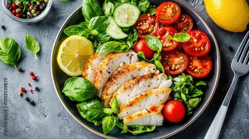 Close-up of a gourmet fish plate with fresh tomatoes, basil leaves, and a lemon wedge. Close-up of a gourmet fish plate with fresh tomatoes, basil leaves, and a lemon wedge.