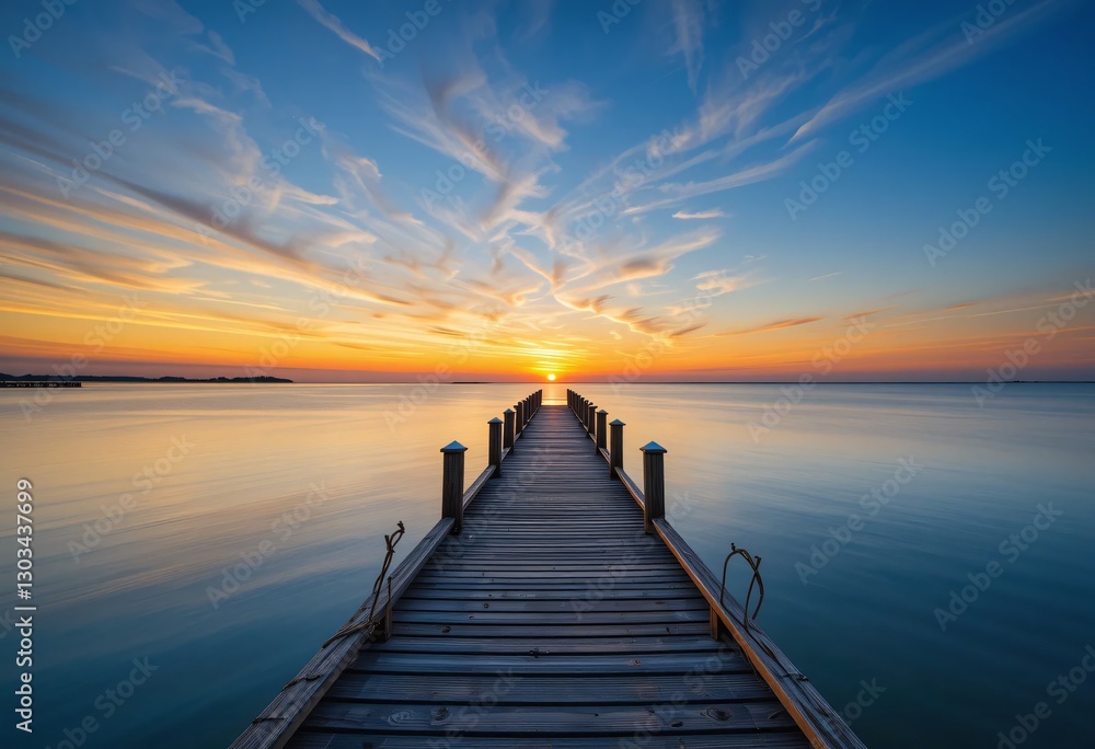 Sunset Serenity. A Long Wooden Pier Stretches Into Still Waters. Golden Hour Glows. Calm, Dreamlike Reflections Paint A Peaceful Scene. The Sky Burns With Color. Sunset Serenity. A Long Wooden Pier Stretches Into Still Waters. Golden Hour Glows. Calm, Dreamlike Reflections Paint A Peaceful Scene. The Sky Burns With Color.