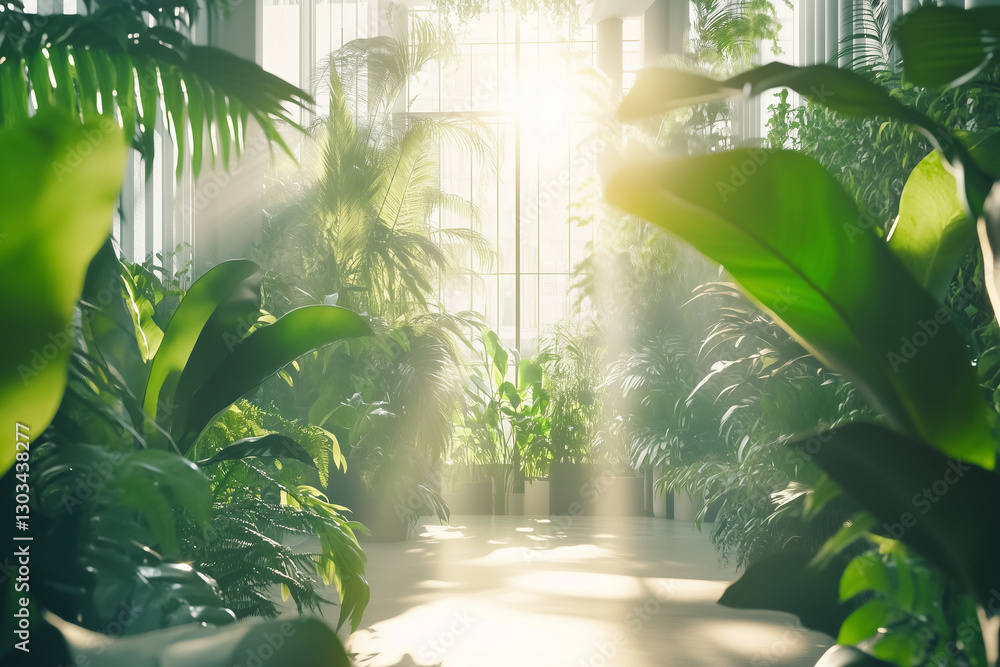 Sunlit Botanical Lounge with Tropical Plants and Soft Lighting