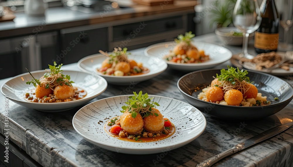 Presentation of gourmet dishes with culinary artistry Stylish setting, contemporary kitchen food photography close-up of an original idea Presentation of gourmet dishes with culinary artistry Stylish setting, contemporary kitchen food photography close-up of an original idea