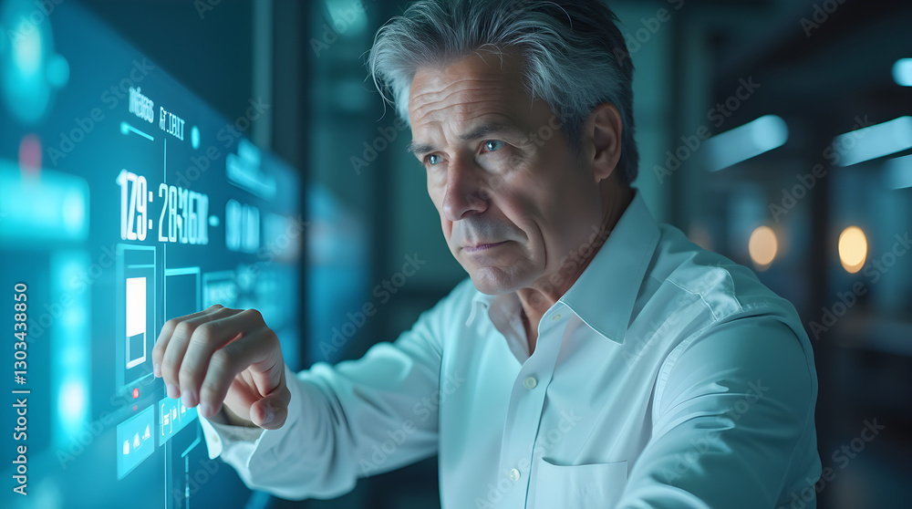 Mature Man Interacting with Digital Touchscreen for Advanced Data Analysis in Corporate Setting Mature Man Interacting with Digital Touchscreen for Advanced Data Analysis in Corporate Setting