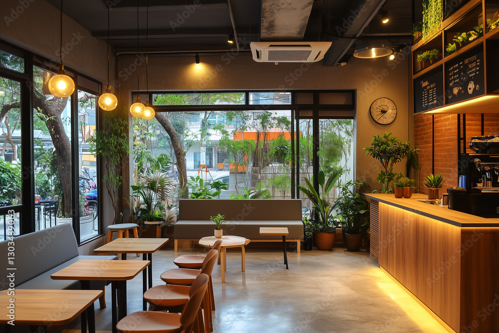 Cozy Industrial Café with Warm Lighting and Outdoor View