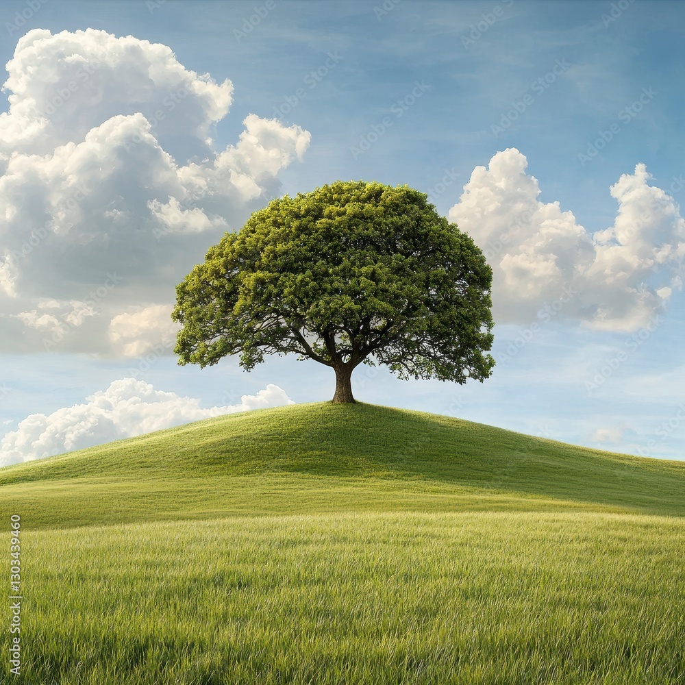 Lush Green Tree on Rolling Hill Under Blue Sky with Fluffy Clouds Lush Green Tree on Rolling Hill Under Blue Sky with Fluffy Clouds