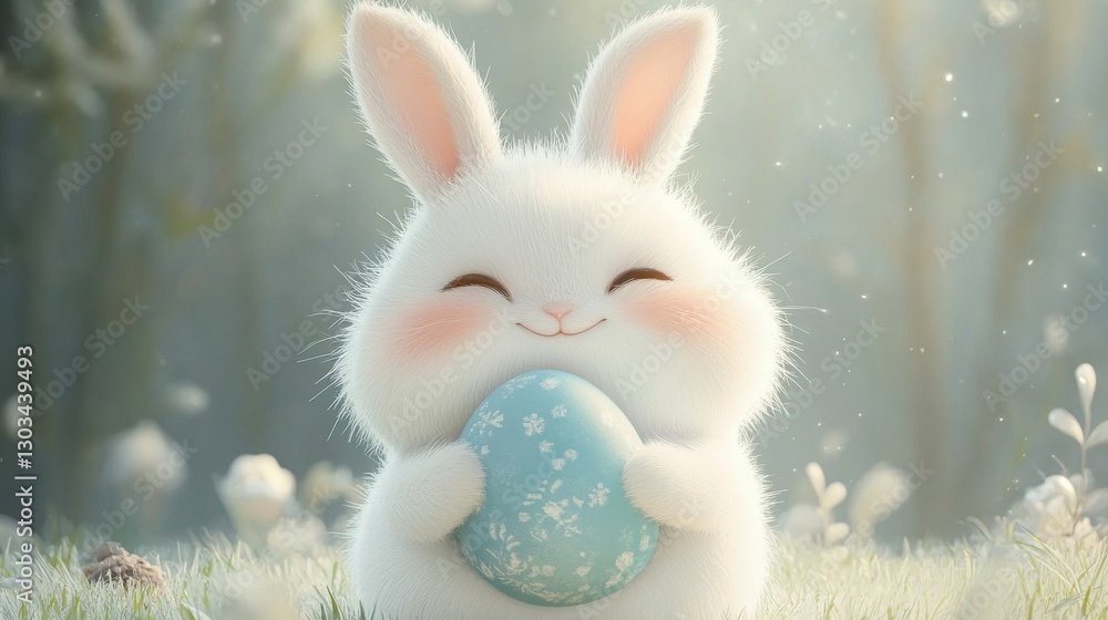 Fototapeta premium Fluffy White Bunny with Blue Easter Egg in Sunny Forest