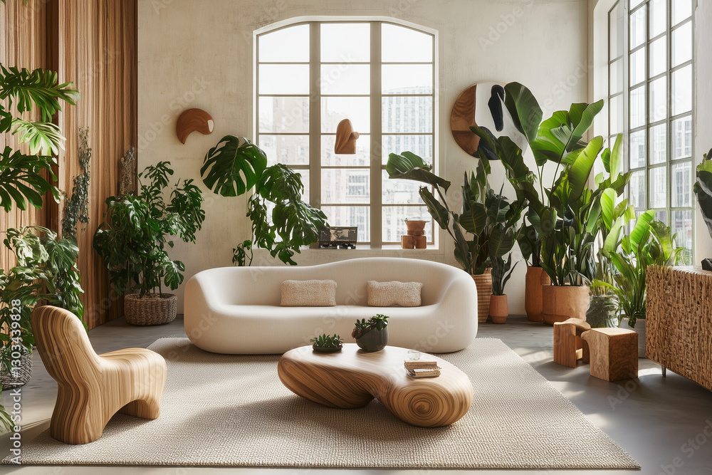 Earthy Minimalist Living Room with Organic Shapes and Soft Tones