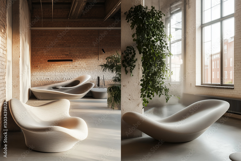 Futuristic Office with Sculptural Furniture and Hanging Greenery