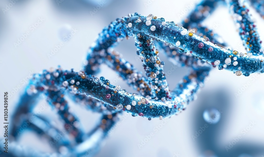 Blue DNA double helix structure with microscopic detail, close-up view of carbon and hydrogen DNA strands Blue DNA double helix structure with microscopic detail, close-up view of carbon and hydrogen DNA strands