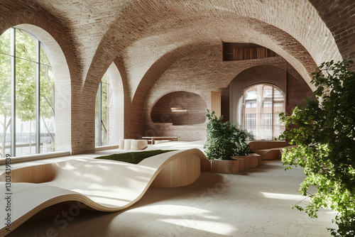 Obraz na płótnie Arched Brick Interior with Cozy Seating and Natural Lighting w salonie