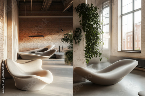 Obraz na płótnie Futuristic Office with Sculptural Furniture and Hanging Greenery w salonie