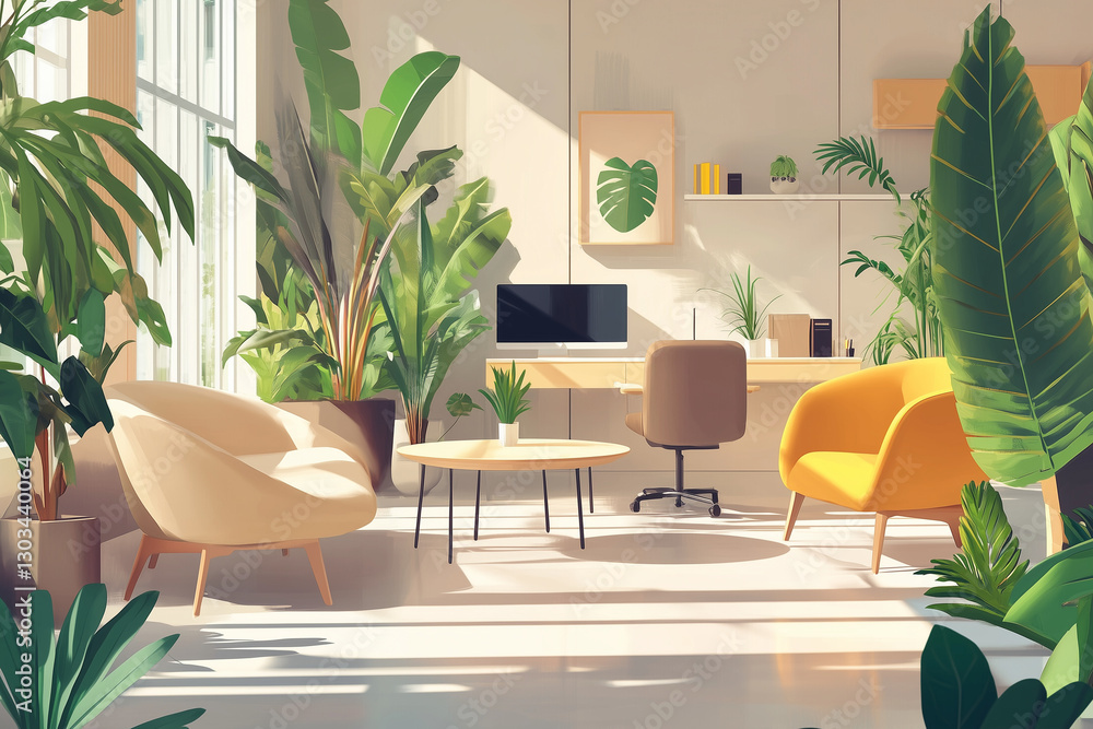 Biophilic Home Office with Lush Greenery and Modern Furniture
