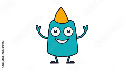 Cheerful Cartoon Character with a Yellow Hat and Blue Body Smiling Happily, A brightly colored animated character with a distinctive yellow cap and blue body
