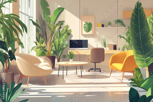 Obraz na płótnie Biophilic Home Office with Lush Greenery and Modern Furniture w salonie